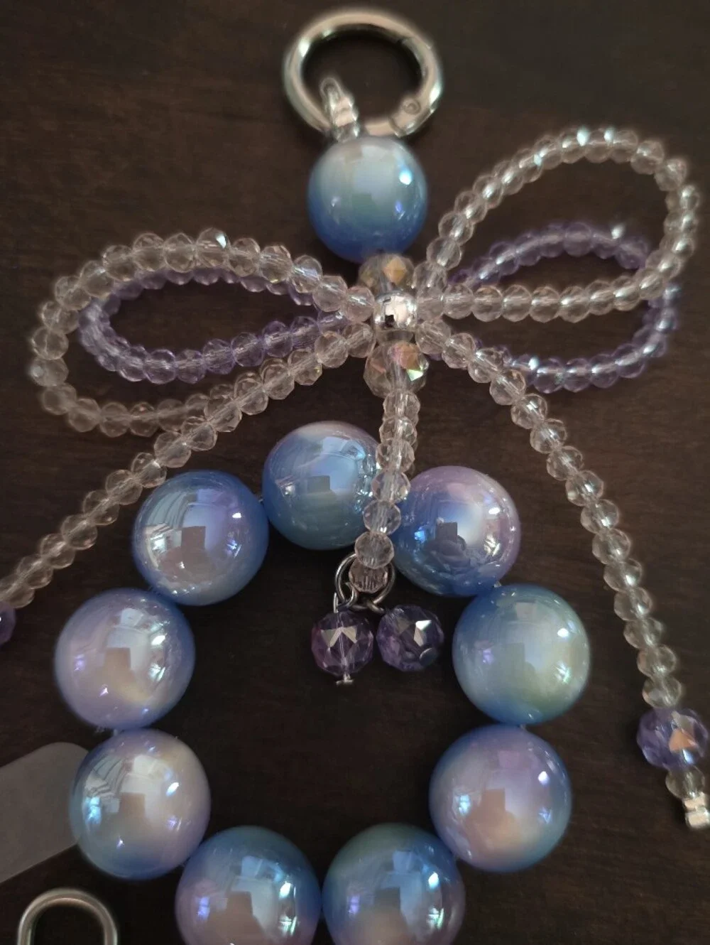 Iridescent Blue and Purple Beaded Cellphone Bracelet Charm with Bow Accent
